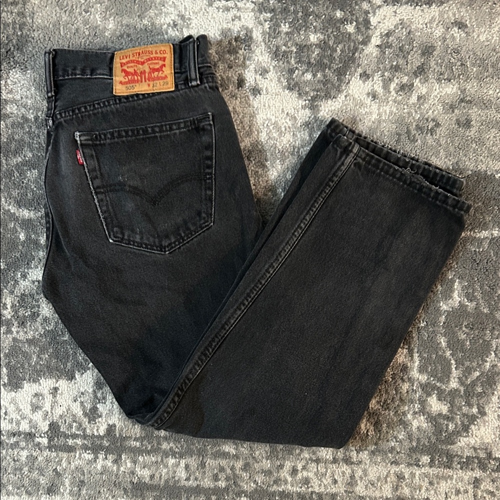 Levi's Men's 505 Straight Jeans in Charcoal Black Distressed Denim